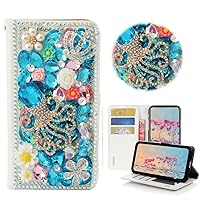 STENES Bling Wallet Case Compatible iPod Touch 7 - Stylish - 3D Handmade Gemstone Octopus Crown Leather Cover with Neck Strap Lanyard [3 Pack] - Light Blue