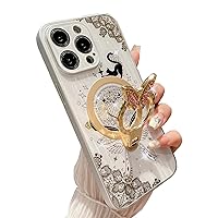 Ring Holder Megnetic Case for iPhone 15 Pro Max,Cute 3D Rhinestones Bling Sparkle Butterfly Cat luxury Lace Pattern Compatible With Magsafe Girl for Apple iPhone 15 Pro Max 6.7'' 2023 (White)