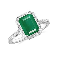 Natural Emerald Emerald Cut Ring with Diamonds for Women in Sterling Silver / 14K Solid Gold/Platinum