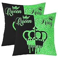 Feelyou Modern Queen and King Crown Throw Pillow Covers Green Pillow Covers for Home Sofa Bed Couch Teens Couple Cushion Covers Girls Boys Valentines Day Gifts (No Glitter), 18x18 Inches Set of 2