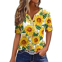 Womens Summer Tops Fashion 2032 Henley Neck Print Shirts Casual Button Down Short Sleeve Blouses Yellows L