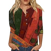 Trendy Tops for Women 2024,3/4 Sleeve Tops for Women Vintage Print Button Top Graphic Tees for Women