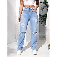 Jeans for Women- Ripped Raw Hem Straight Leg Jeans (Color : Light Wash, Size : W32 L32)