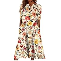 Floral Dress for Women V Neck Summer Elegant Plus Size Flowy Casual Smocked Short Sleeve Button Down Midi Dress
