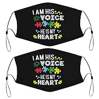 I Am His Voice Autism Awareness Kids Face Mask Set of 2 with 4 Filters Washable Reusable Adjustable Black Cloth Bandanas Scarf Neck Gaiters for Adult Men Women Fashion Designs