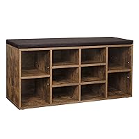 Shoe Bench with Cushion, Storage Bench with Padded Seat, Entryway Bench with 10 Compartments, Adjustable Shelves, for Bedroom, 11.8 x 40.9 x 18.9 Inches, Rustic Brown and Brown ULHS10BX