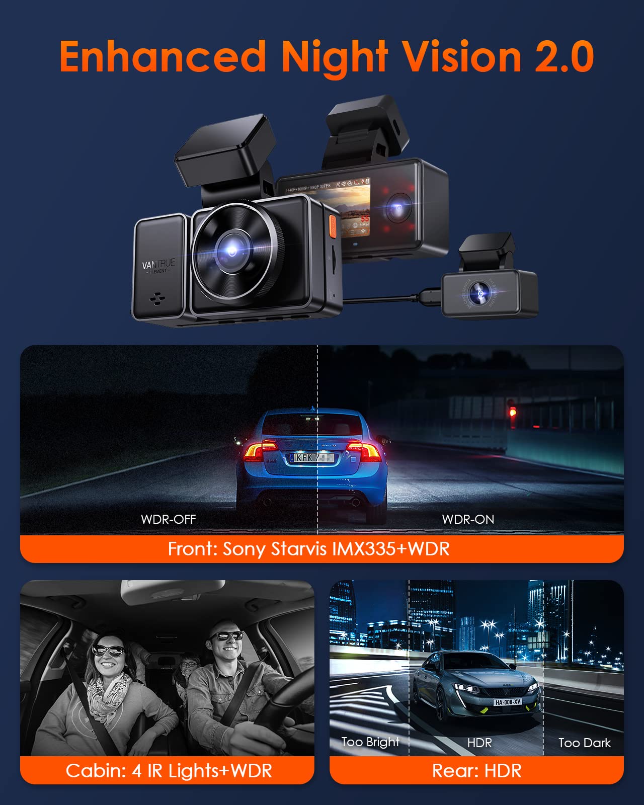 Vantrue E3 3 Channel Dash Cam Front and Rear Inside, 3 Way Triple WiFi GPS Dash Camera 2.7K 1944P+1080P+1080P with STARVIS IR Night Vision, Voice Control, 24 Hours Parking Mode, Support 512GB Max