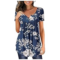 Womens Plus Size Tops,Tunic Short Sleeve Sexy V-Neck Button Printed Shirt Summer Casual Trendy Top Tees