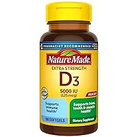 Nature Made Extra Strength Vitamin D3 5000 IU (125 mcg), Dietary Supplement for Bone, Teeth, Muscle and Immune Health Support, 180 Softgels, 180 Day Supply