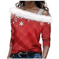 Women's Christmas Tops Autumn and Winter Long Sleeved Single Shoulder Strap Print Pullover Top Blouses, S-3XL