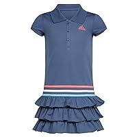 Girls' Little Short Sleeve Active Polo Ruffle Dress, Navy Multi Stripe