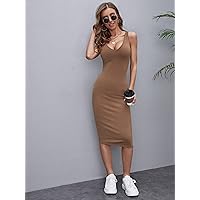 Dresses for Women Rib-Knit Solid Bodycon Dress (Color : Mocha Brown, Size : Small)