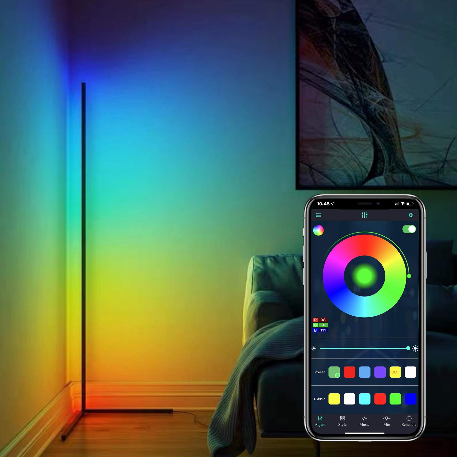Borayhome LED RGB Corner Floor Lamp Color Changing Lamp with Remote Control& APP Control, Smart Minimal Lamp, 60” Tall Dimmable Standing Lamp, Ambi...