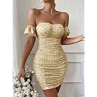 Women's Dress Floral Off Shoulder Puff Sleeve Ruched Bodycon Dress Summer Dress (Color : Yellow, Size : X-Small)