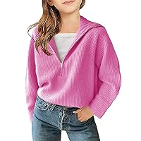 Girls Casual Long Sleeve Half Zip Pullover Sweaters Solid V Neck Collar Ribbed Knitted Loose Slouchy Jumper Tops