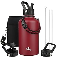 Half Gallon Insulated Water Bottle with Straw,64oz 3 Lids Water Jug with Carrying Bag,Paracord Handle,Double Wall Vacuum Stainless Steel Metal Flask,Dark Red