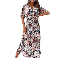 Women's Dress Casual Loose-Fitting Summer Swing Short Sleeve Long Flowy Beach Foral Print Hawai V-Neck Glamorous