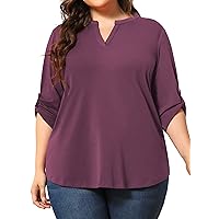 POSESHE Women's Plus Size Tunic Tops 3/4 Roll Sleeve Tops V Neck Shirts Casual Blouses