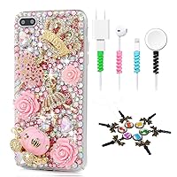 Bling Case Compatible with iPhone 5/5S/SE - Stylish - 3D Handmade [Sparkle Series] Crown Flowers Ballet Girls Pumpkin Car Flowers Design Cover with Cable Protector [4 Pack] - Pink