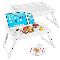 2 Pack Bed Tray Table with Handles Folding Legs, Bamboo Breakfast Food Tray with Media Slot, Use As Platter, Laptop Desk, Snack, TV Tray Kitchen Serving Tray(White)