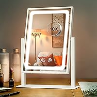 Vanity Mirror with Lights, Lighted Hollywood Makeup Mirror, Touch Dimmable 3 Color Lights, Detachable 10X Magnification Mirror, 360° Rotation(12inches, White)
