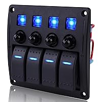 Rocker Switch Panel 4 Gang Aluminum Waterproof 12V/24V Toggle Switch Panel, 3 Pin On-Off Car Boat Switch, Pre-Wired Switch Panel for Marine Boat Automotive Car RV Truck Vehicles Blue Light