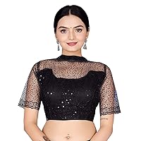 Aashita Creations Net Blouse with Embroidery and Sequence Work for Women (Black-Free Size) _1139