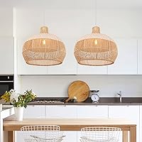 Arturesthome White Rattan Pendant Light for Kitchen Island Sink, Wicker Chandelier, Handmade Woven Hanging Ceiling Light Lampshade