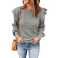 EVALESS Womens Crewneck Sweaters Textured Ruffled Pullover Loose Chunky Knit Jumper Sweater Tops