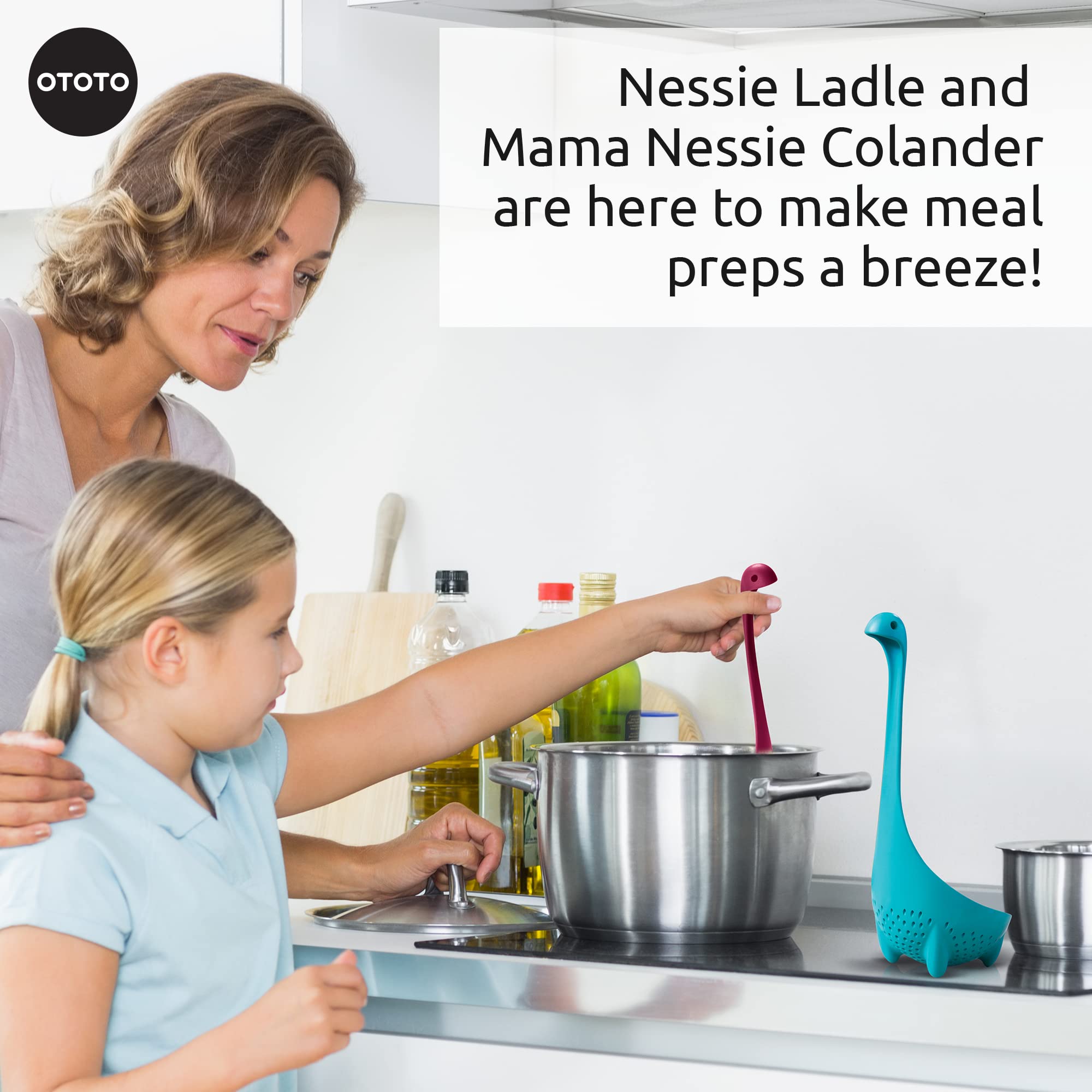 OTOTO Purple Nessie Ladle & Turquoise Mama Nessie Colander Value Pack - Special Edition Soup Ladle & Colander Set - Ladles for Cooking - Kitchen Colander for Pasta - Dishwasher Safe & BPA free Ladle