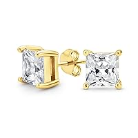 Square Cubic Zirconia Solitaire Princess AAA CZ Stud Earrings For Women Men 14K Gold Plated Sterling Silver 5 6 7 8MM