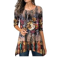 Womens Cute Floral Tunic Shirts Dressy Casual Long Sleeve Fall Tops 2023 Fashion Flowy Henley Blouses for Leggings