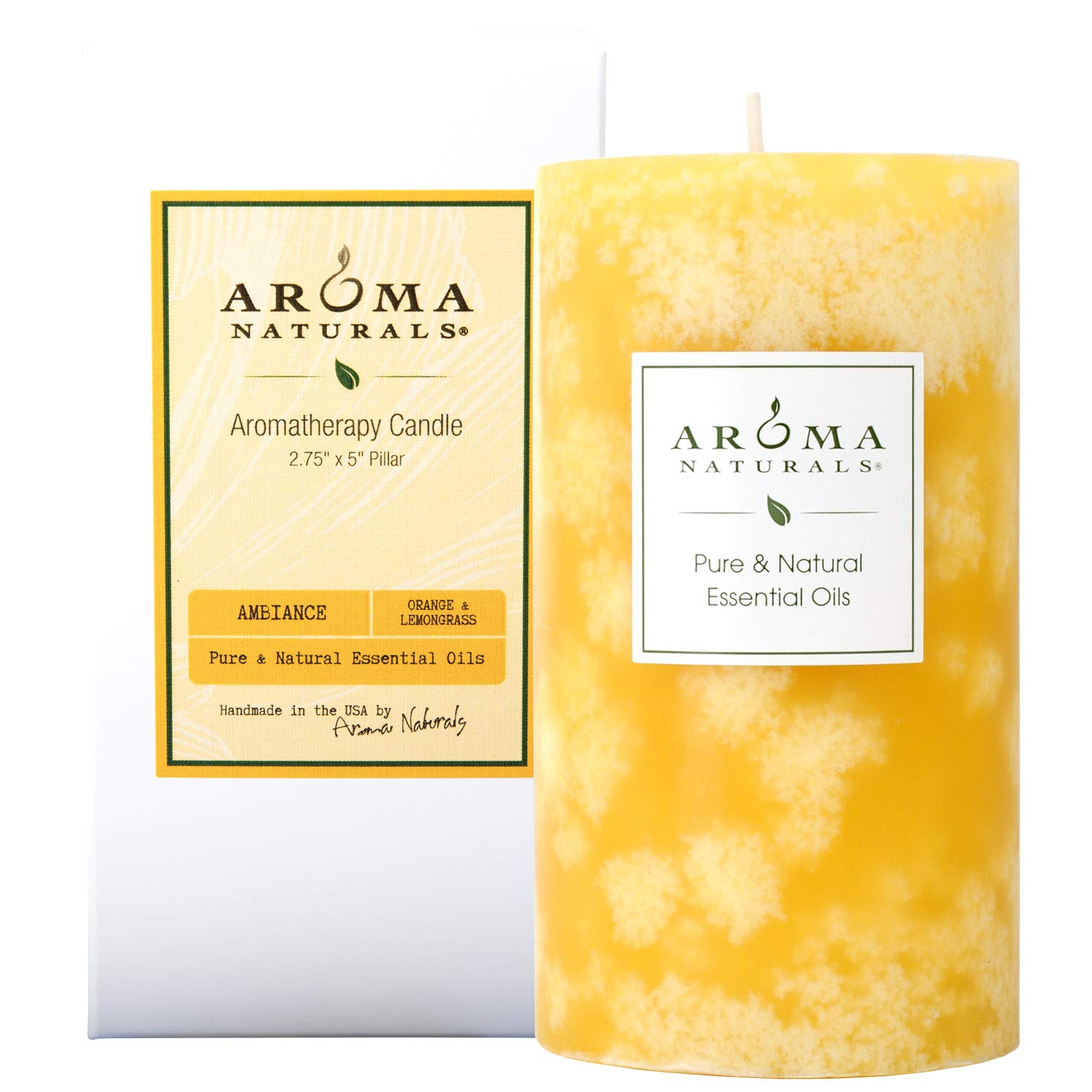 Aroma Naturals Orange and Lemongrass Essential Oil Scented Pillar Candle, Ambiance, 2.75 inch x 5 inch, Yellow