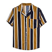 Men Casual Cotton Linen Button Down Suit Colorblock Striped Lapel Shirt Drawstring Mid Waists Short Outfits 2 Piece