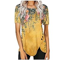 Summer Tops for Women 2024 Trendy Floral T Shirts Dressy Casual Short Sleeve Tunic Ladies Cute Asymmetrical Tee Blouses