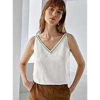 Women's Tops Sexy Tops for Women Shirts Linen Tape Embellished CAMI TOP Shirts for Women (Color : White, Size : X-Small)
