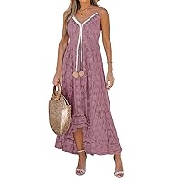 CUPSHE Women's Maxi Dress Lace Dresses Boho Tassel V-Neck Flare Ruffle Adjustable Straps Beach Summer Long Dress