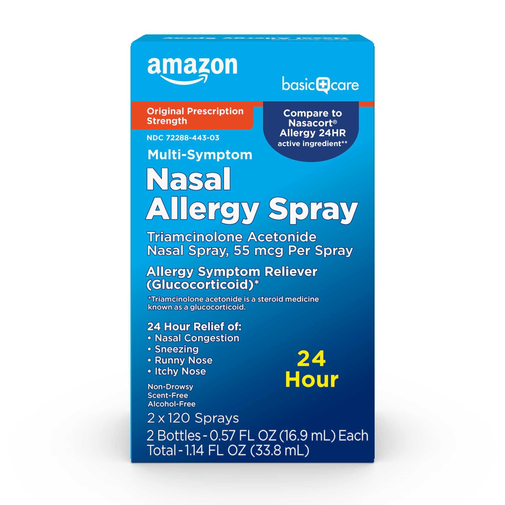 Amazon Basic Care Multi-Symptom Triamcinolone Acetonide Nasal Allergy Spray, 55 mcg, 0.57 Fl Oz, Pack of 2