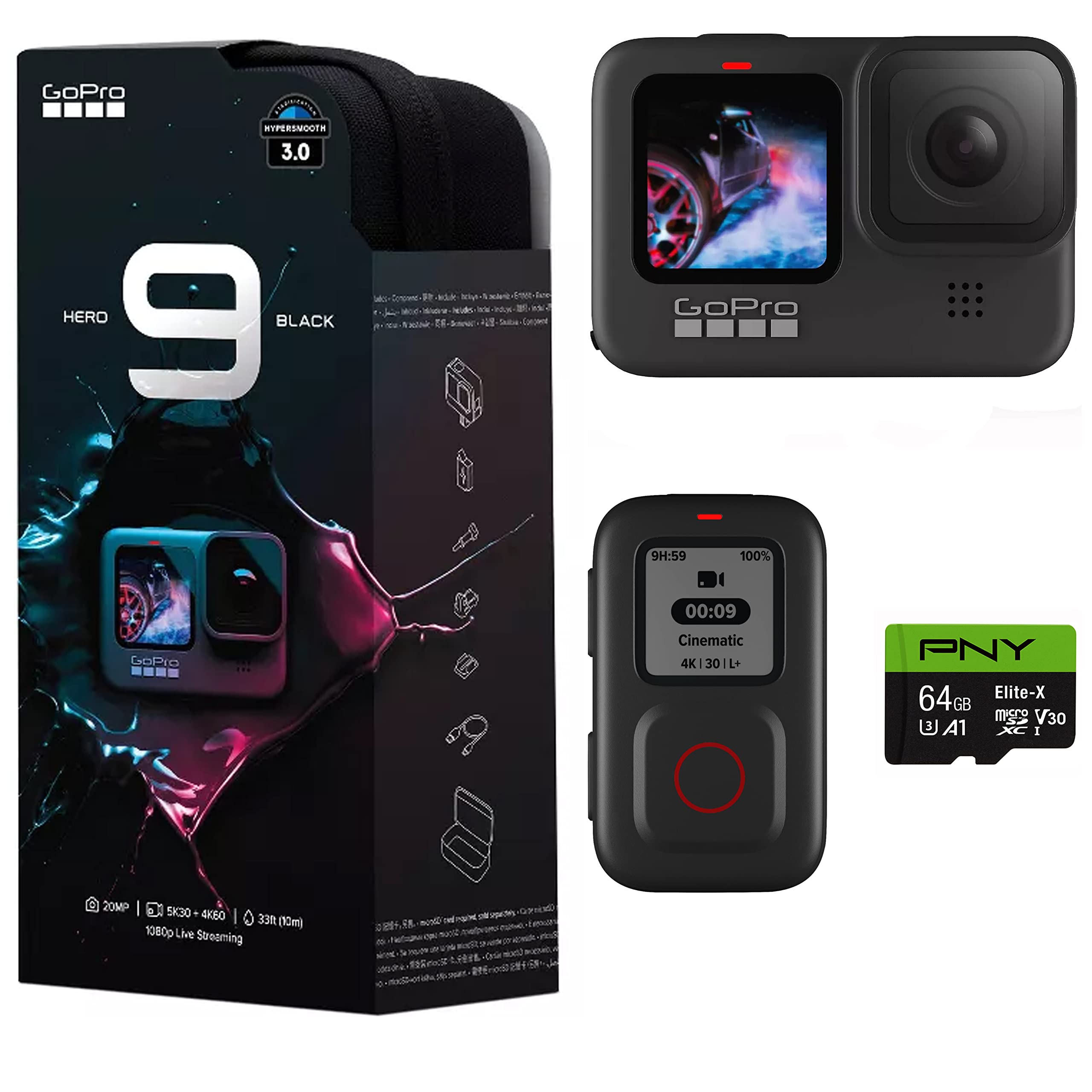 GoPro HERO9 Black + Smart Remote + PNY Elite-X 64GB microSDHC Card Adapter-UHS - Waterproof Action Camera with Front LCD and Touch Rear Screens, 5K Ultra HD Video, 20MP Photos