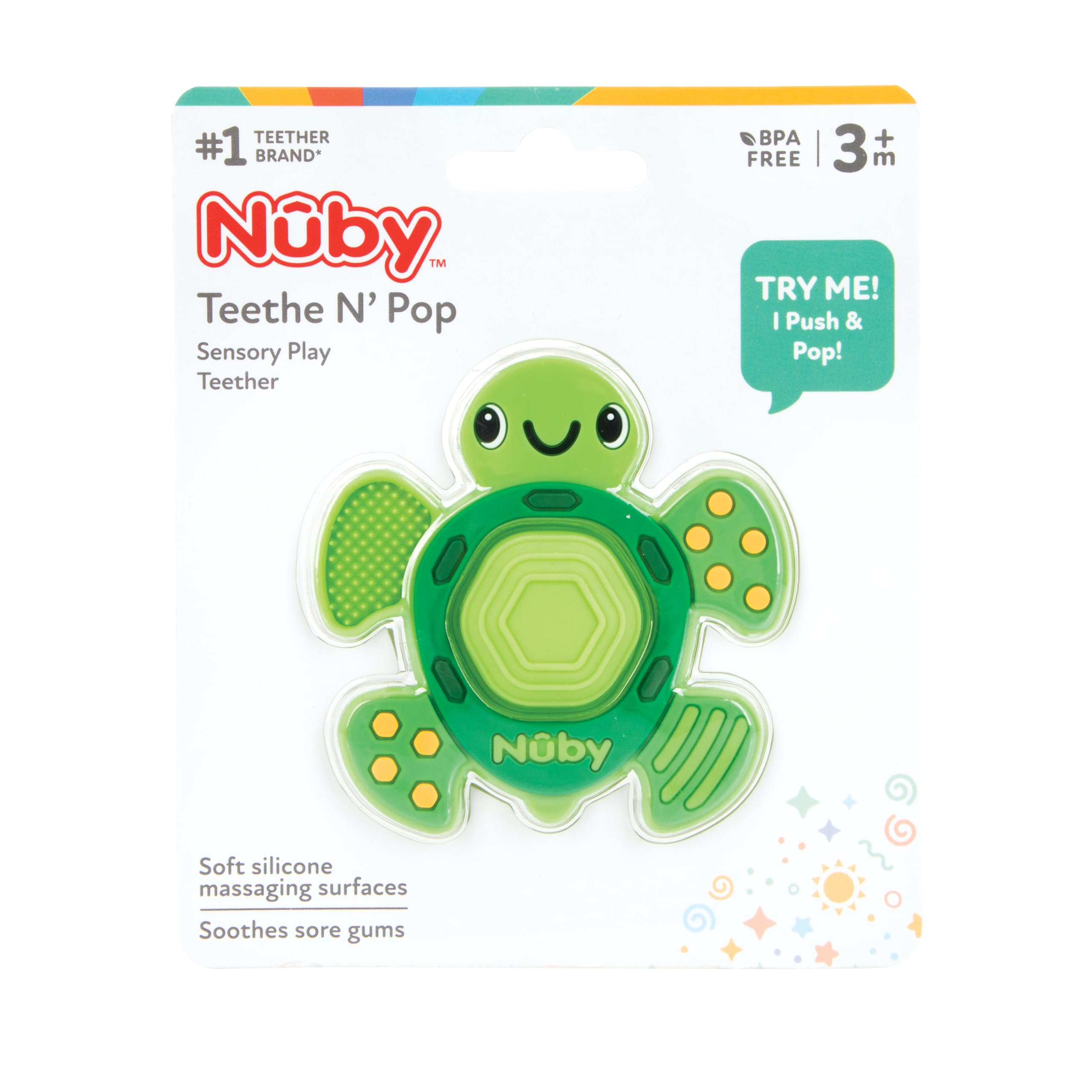 Nuby Teethe N' Pop Sensory Play Teether, BPA Free, 3+m, Turtle