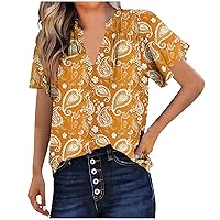 Womens Boho Tops Vintage Short Sleeve V Neck Blouses Loose Fit Casual Floral Print Tees Fashion Going Out T-Shirts