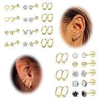 Jstyle Gold Flat Back Earrings for Women Men Hypoallergenic Surgical Steel Earrings for Sensitive Ears 14K Small Stainless Steel Earrings Flatback Stud Hoop Cartilage Earring Set for Multiple