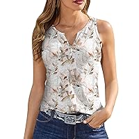 Womens Classy Tank Tops 2024 Working Print Sleeveless Soft T-Shirt Button Down V Neck Loose Fit Casual Trendy Tees
