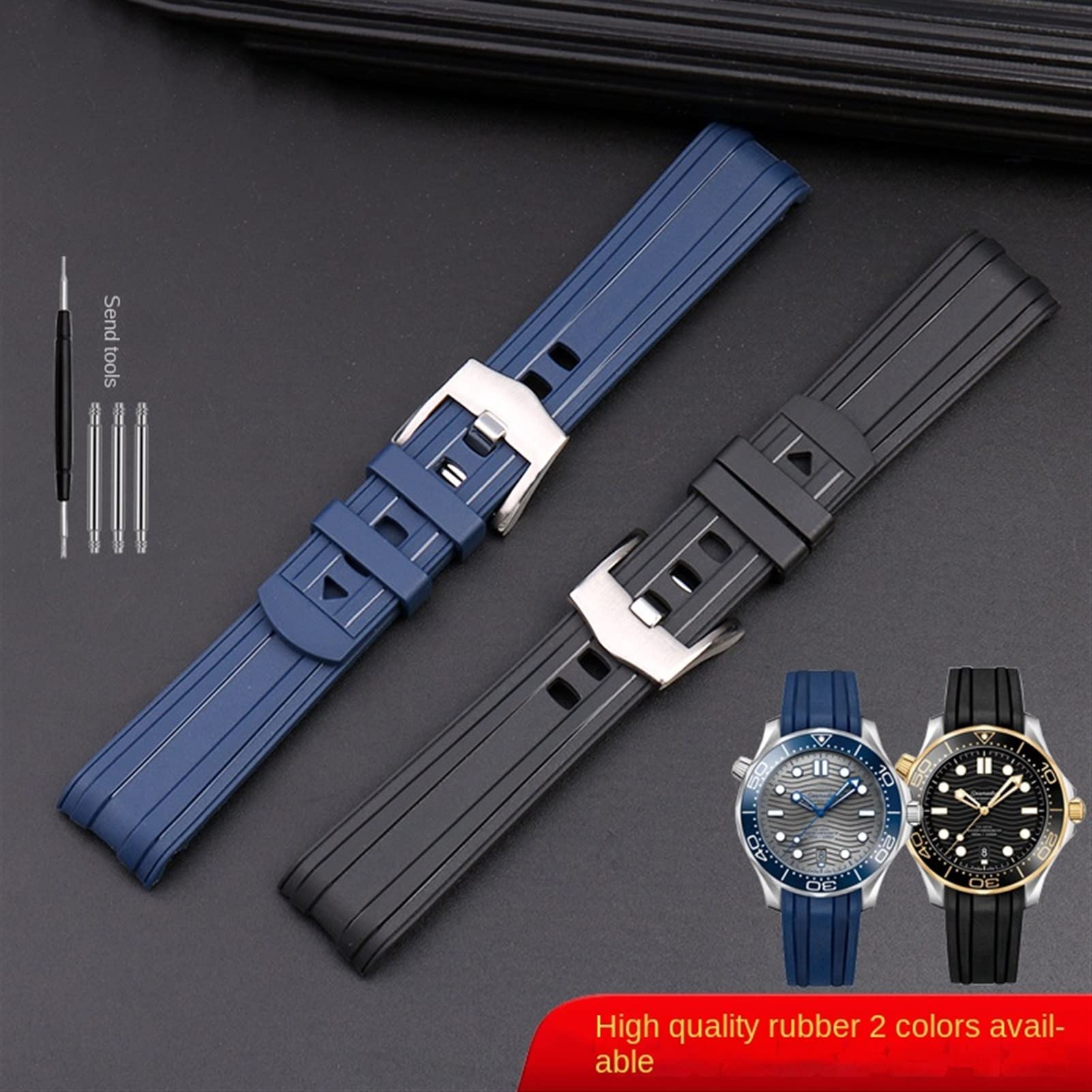 Wscebck for Omega Seamaster 300 Universe 007 Curved End Fluorous Rubber Silicone watchband 20mm 22m Watch Soft Strap Men Replacement (Color : Blue Silver, Size : 20mm)