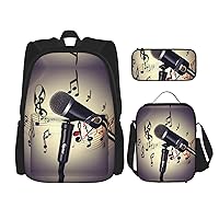 3-In-1 Backpack Bookbag Set,Microphone With Music Note Print Casual Travel Backpacks,With Pencil Case Pouch, Lunch Bag