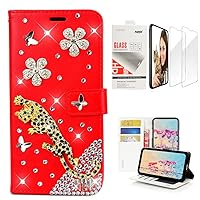 STENES Bling Wallet Case Compatible with Samsung Galaxy Note 9, 3D Handmade Leopard Butterfly Floral Flowers Design Leather Case with Wrist Strap & Screen Protector [2 Pack] - Red