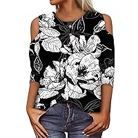 Womens Tops 3/4 Sleeve Round Neck Off Shoulder Sleeve Shirts Casual Loose Floral Printed Trendy Workout Blouses