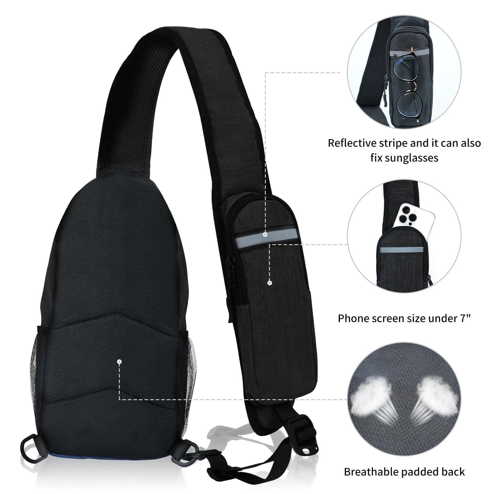 Sling-Bag Crossbody-Bag Women-Men Backpack-Daypack - Hiking Chest Travel with Water Bottle Pocket Portable Hiking Daypacks for Women Black