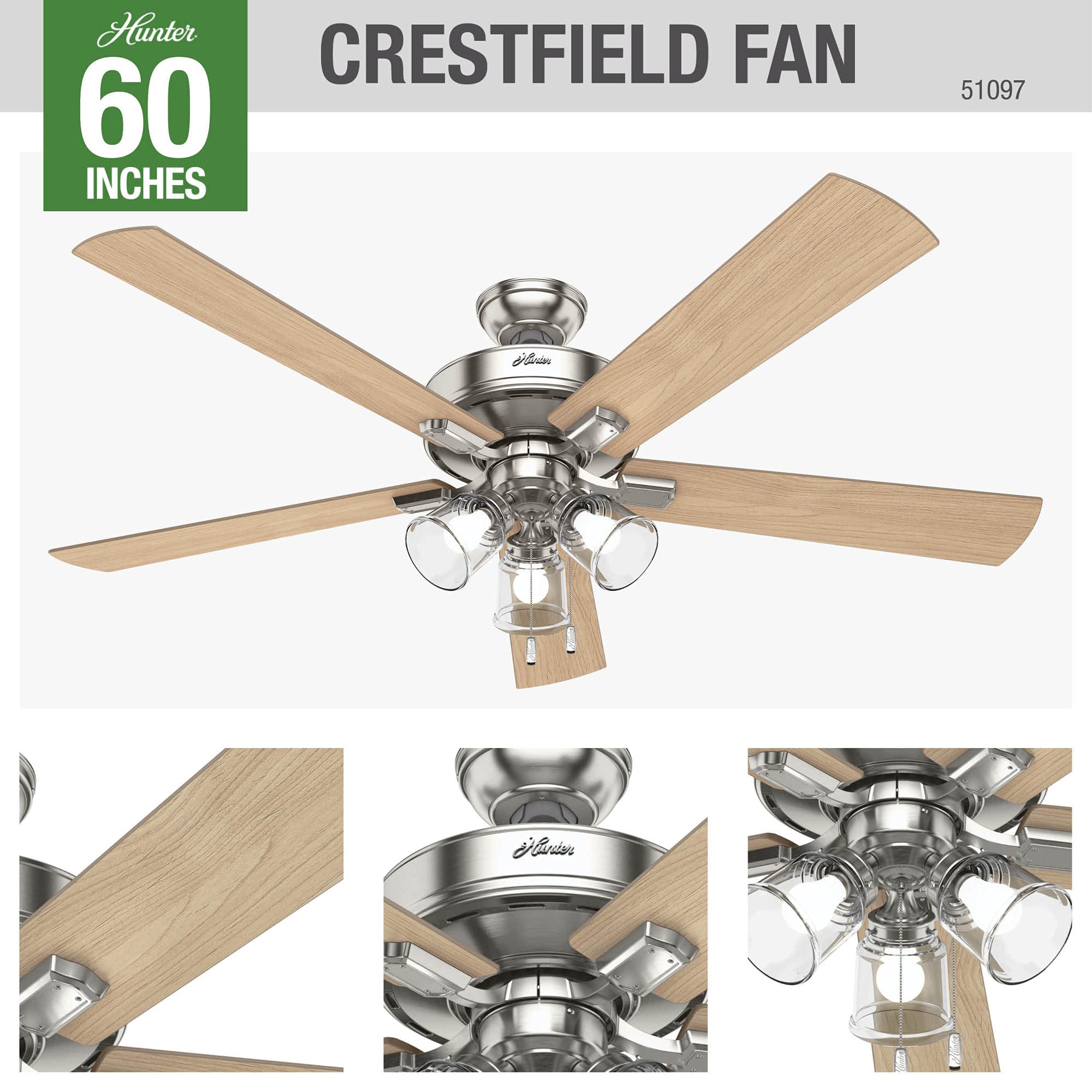 Hunter Fan Company 51097 Crestfield Ceiling Fan, 60, Brushed Nickel