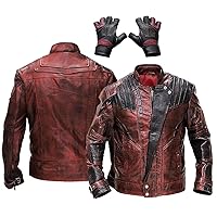 Mens Superhero Guardians Star Distressed Maroon Halloween Cosplay Costume Leather Biker Jacket